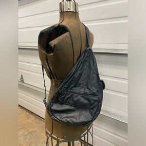 Black Leather Sling Bag Crossbody Multiple Pockets